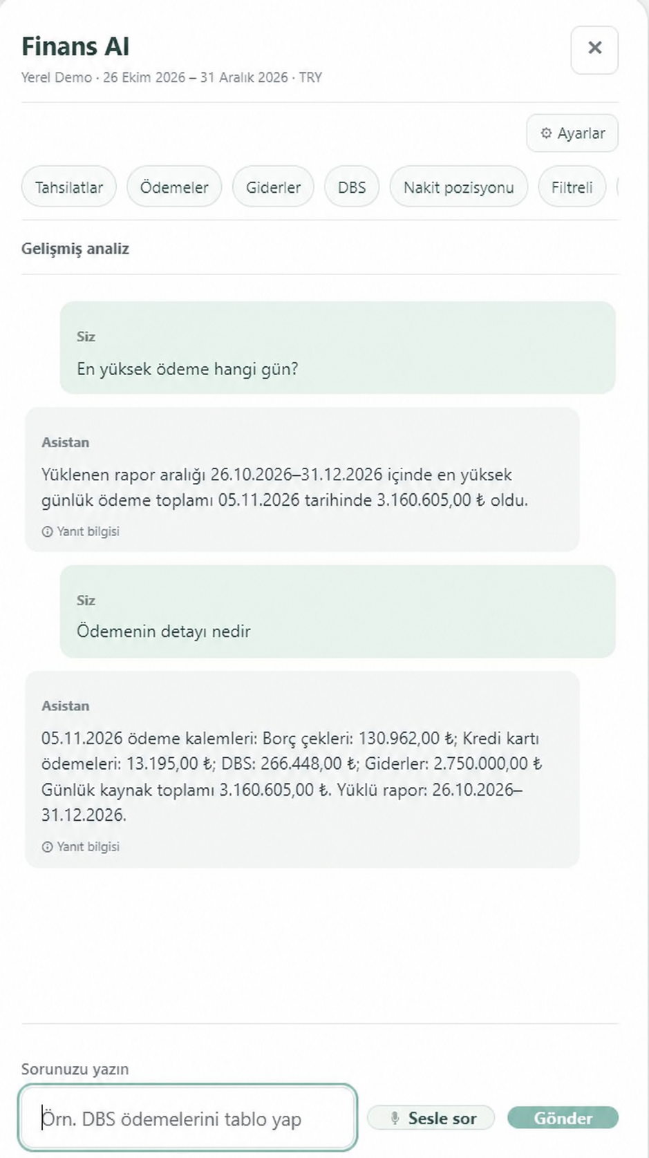 Örnek bir finans sorusuna yanıt veren Finans AI asistanı paneli.