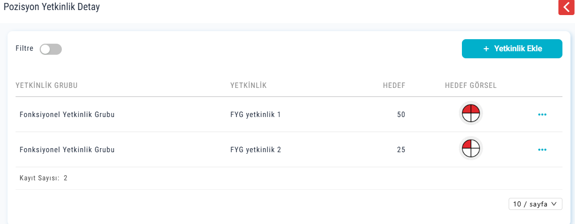 Yetkinlik ölçütlerinin ve hedeflerin karşılaştırıldığı gerçek ekran.