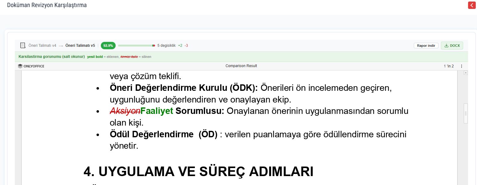 Doküman talimatı revizyonlarının karşılaştırıldığı gerçek uygulama ekranı.